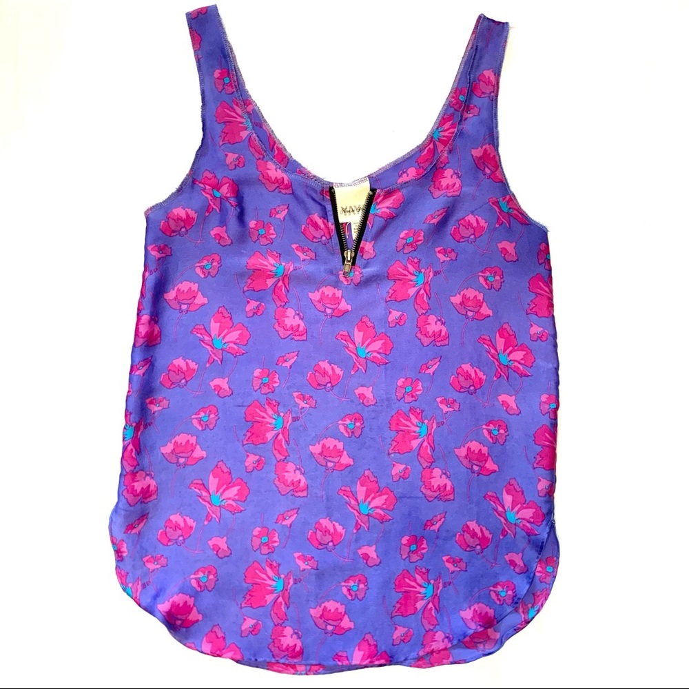 Vintage Floral Print Sleeveless Top w/ Zipper Detail